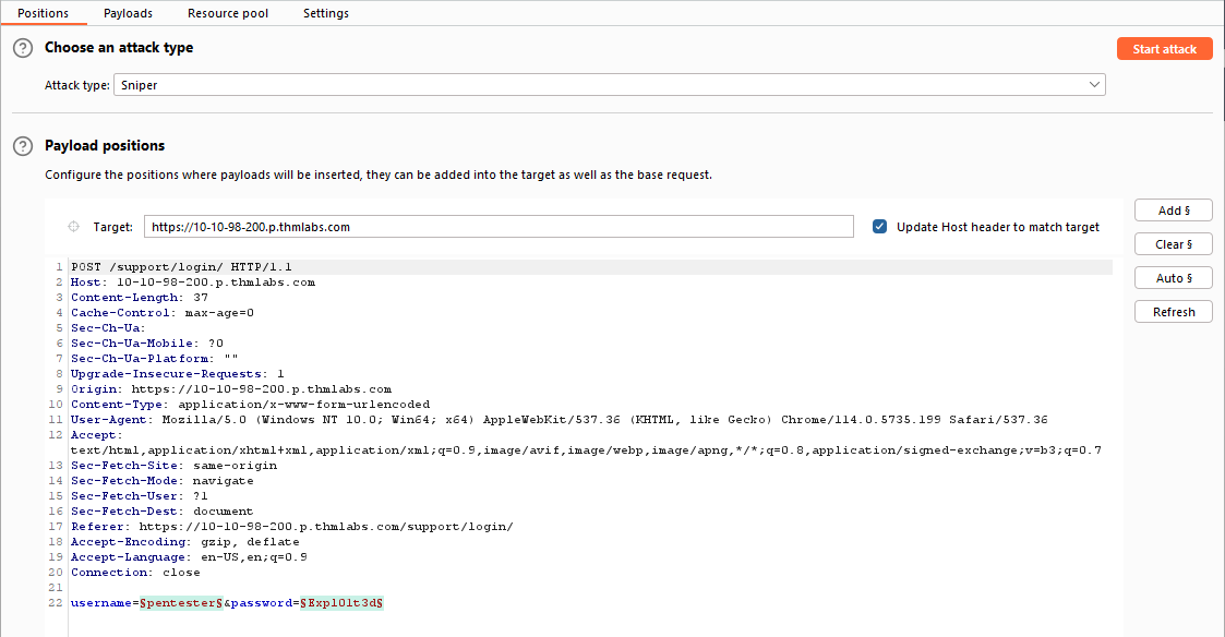 Burp suite Intruder Positions tab