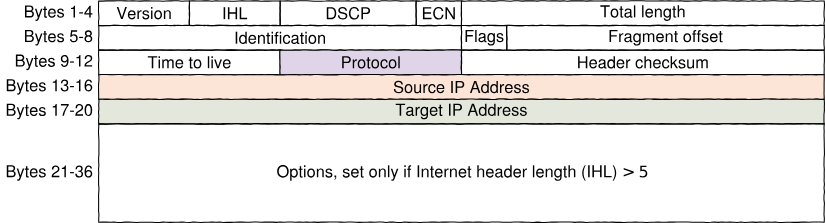 Structure of the IPv4 header. Several key fields are highlighed.