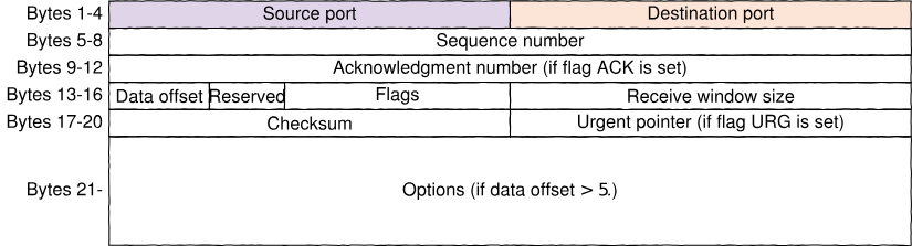 Structure of the TCP header. Port fields are highlighed.